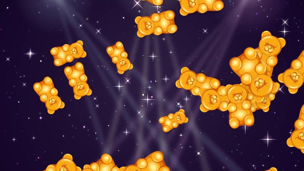 Caramelle gommose a forma di orsetto gialle cadono attraverso uno spazio viola scuro con raggi di luce e scintille