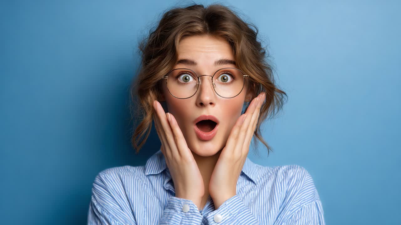 A Surprised Young Woman Transitions from Shock to Joy, Expressing Emotions with Delightful Facial Expressions Against a Simple Blue Background