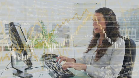 animación del procesamiento de datos financieros sobre empresario caucásico usando computadora.