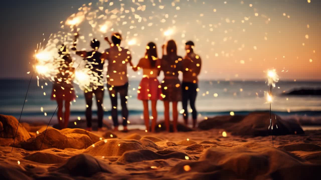 Silhouetted group celebrating with sparklers on a beach at sunset