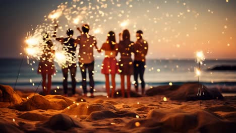 Silhouetted group celebrating with sparklers on a beach at sunset