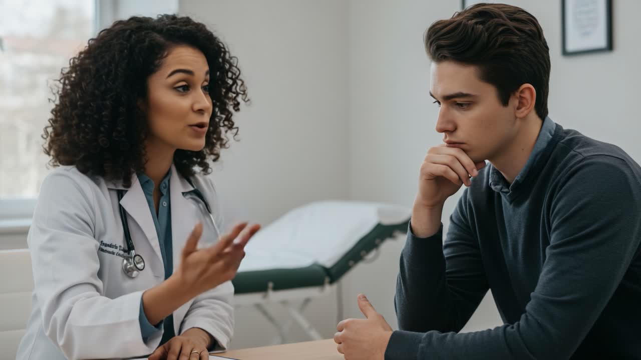 A compassionate healthcare professional engages in a thoughtful conversation with a patient, addressing concerns and fostering understanding in a clinical setting
