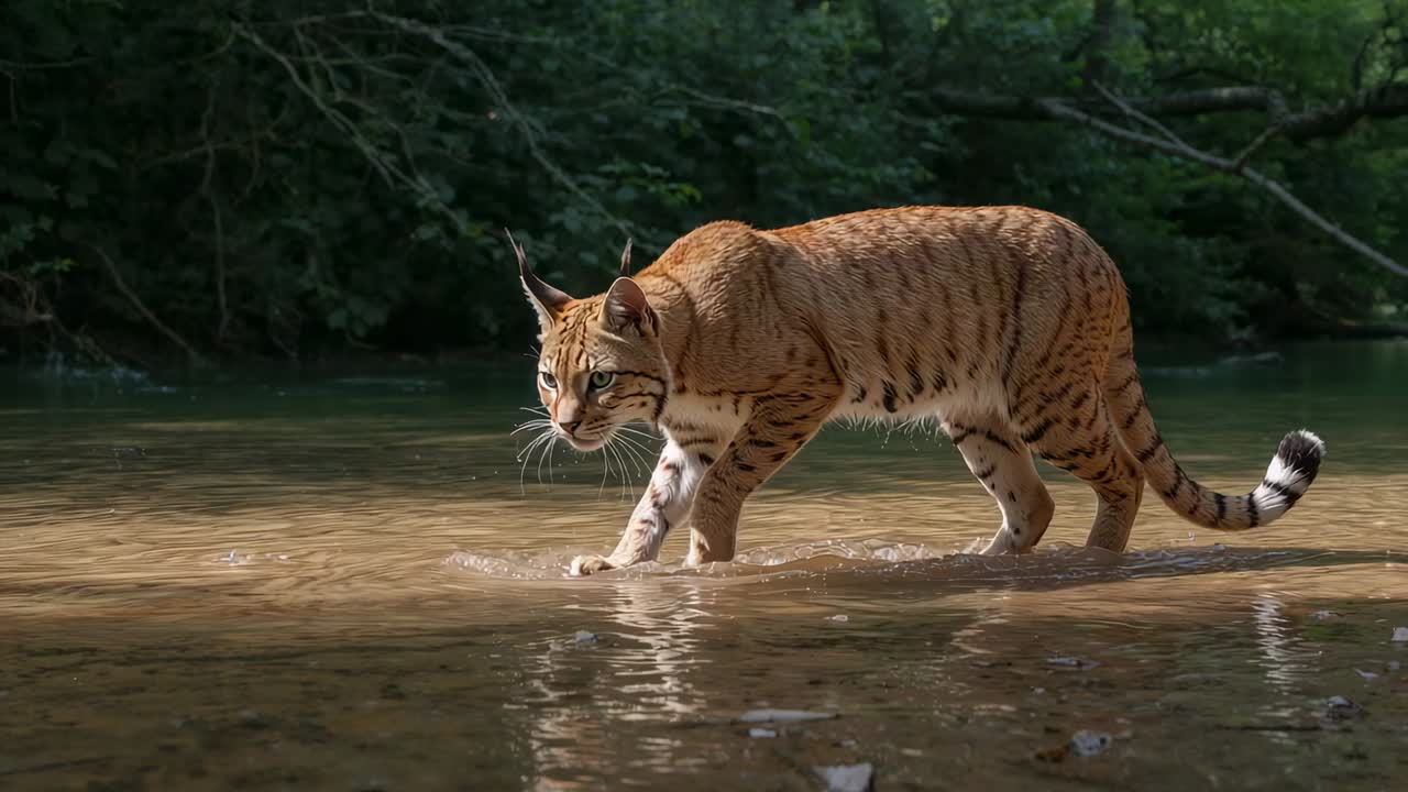 Walking tufted-eared wild cat sensing prey ahead, moving across shallow stream with ripples