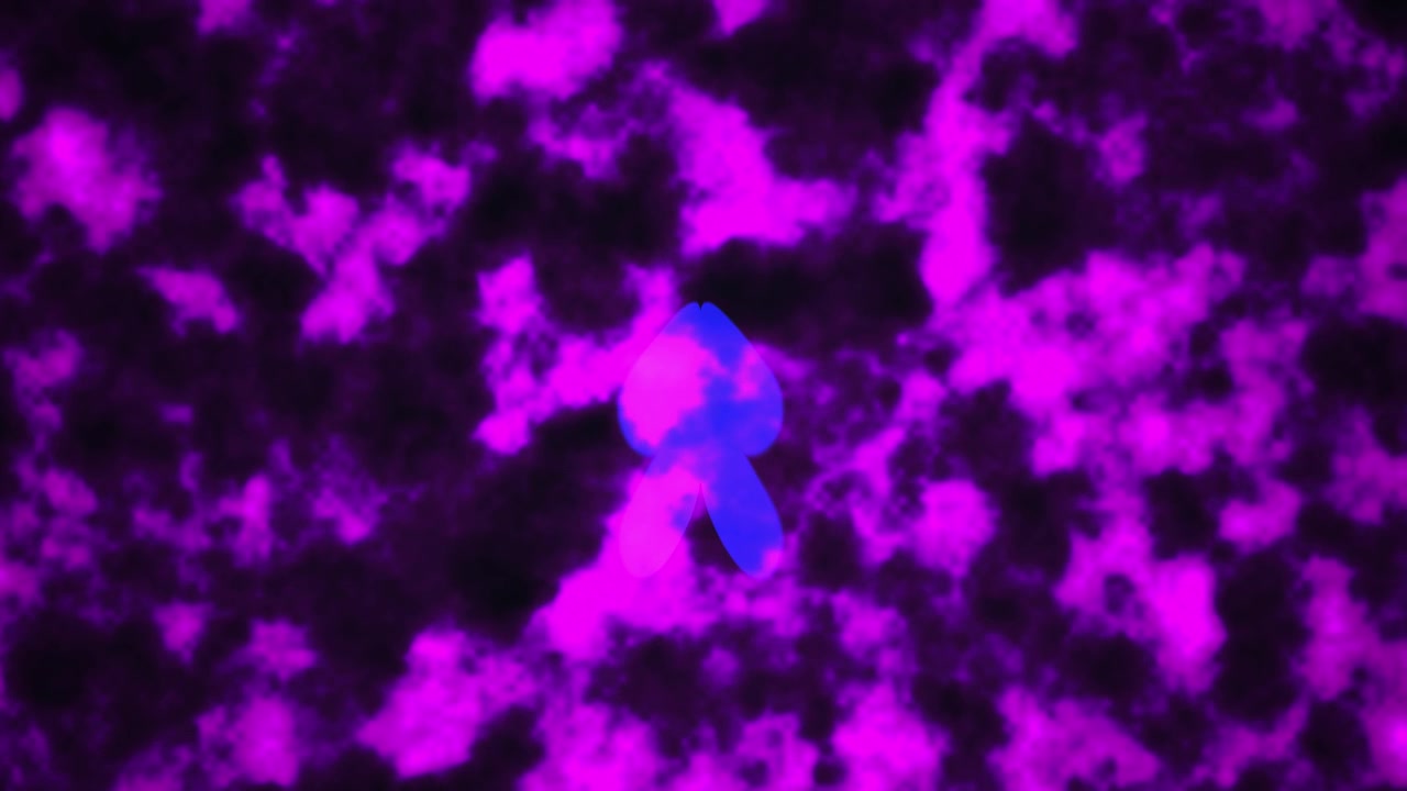 Forma Astratta a Nastro Blu che Fluttua su uno Sfondo di Fumo Viola Pulsante