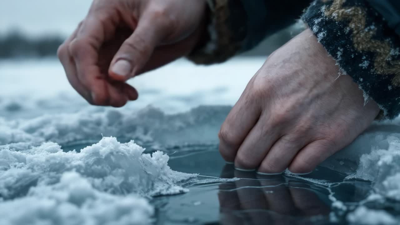 Hands of a person are carefully breaking through the ice on a frozen lake, surrounded by a snowy landscape, showcasing the cold winter environment and the interaction with nature