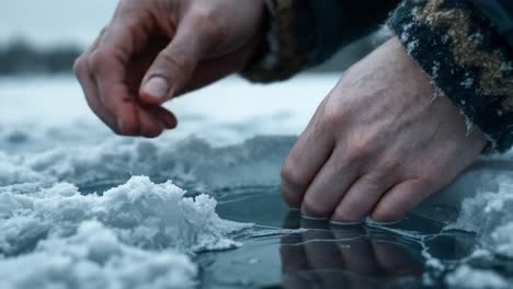 hands of a person are carefully breaking through the ice on a frozen lake, surrounded by a snowy landscape, showcasing the cold winter environment and the interaction with nature