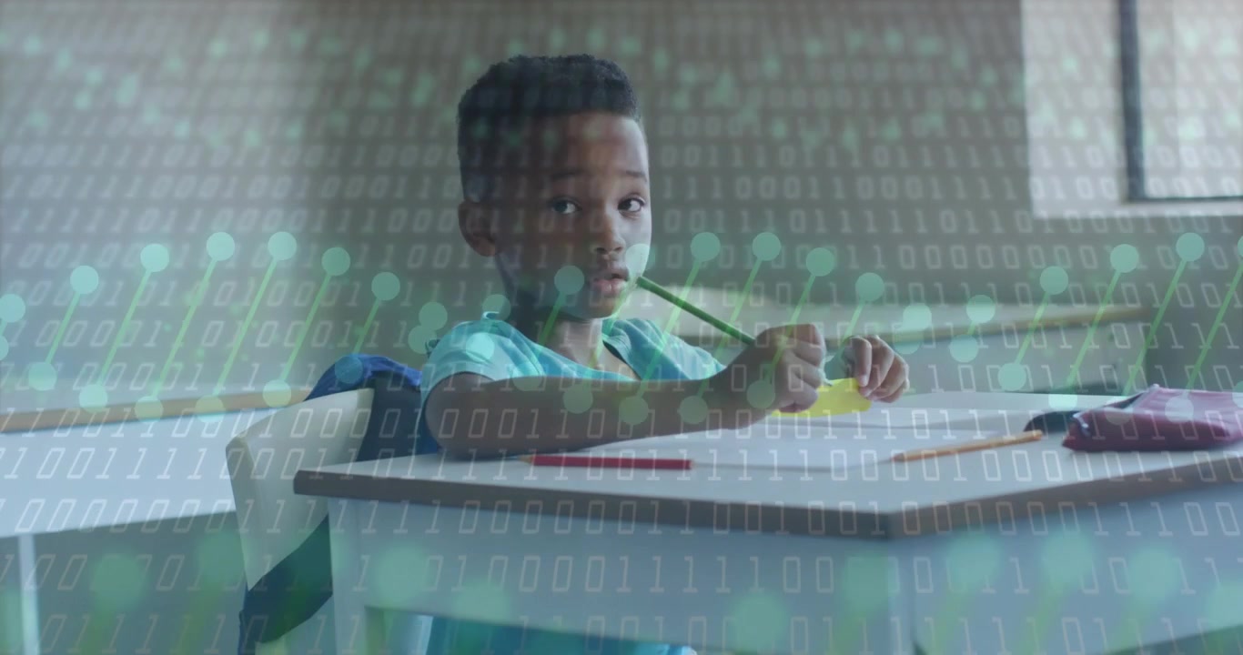 Vertical video: Moving pencil, boy working on paper at school desk holding strip overlay appearing