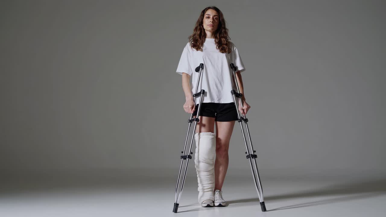 Woman with a Broken Leg Using Crutches
