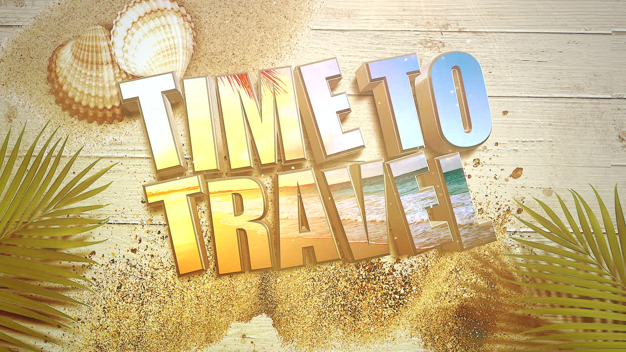 tiempo para viajar en madera con hojas tropicales y conchas marinas