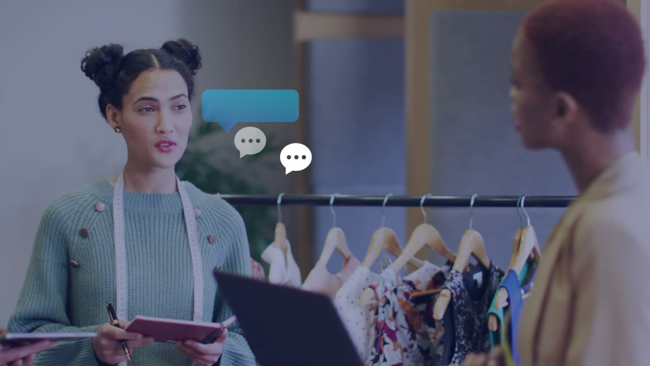 Retail coworkers reviewing garments, blue bubble appearing, spawning icons fading into consensus