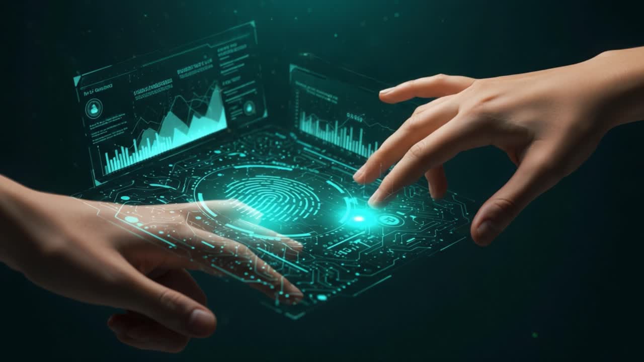 Exploring Digital Connectivity: Hands Interacting with a Futuristic Interface Displaying Biometric Data and Analytics in a Technological Landscape