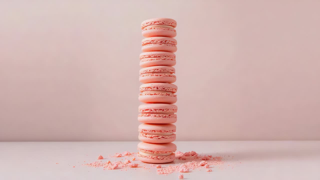 Câmera aproximando para mostrar a textura, pilha de macarons rosa permanecendo em pé sobre uma mesa rosa com migalhas