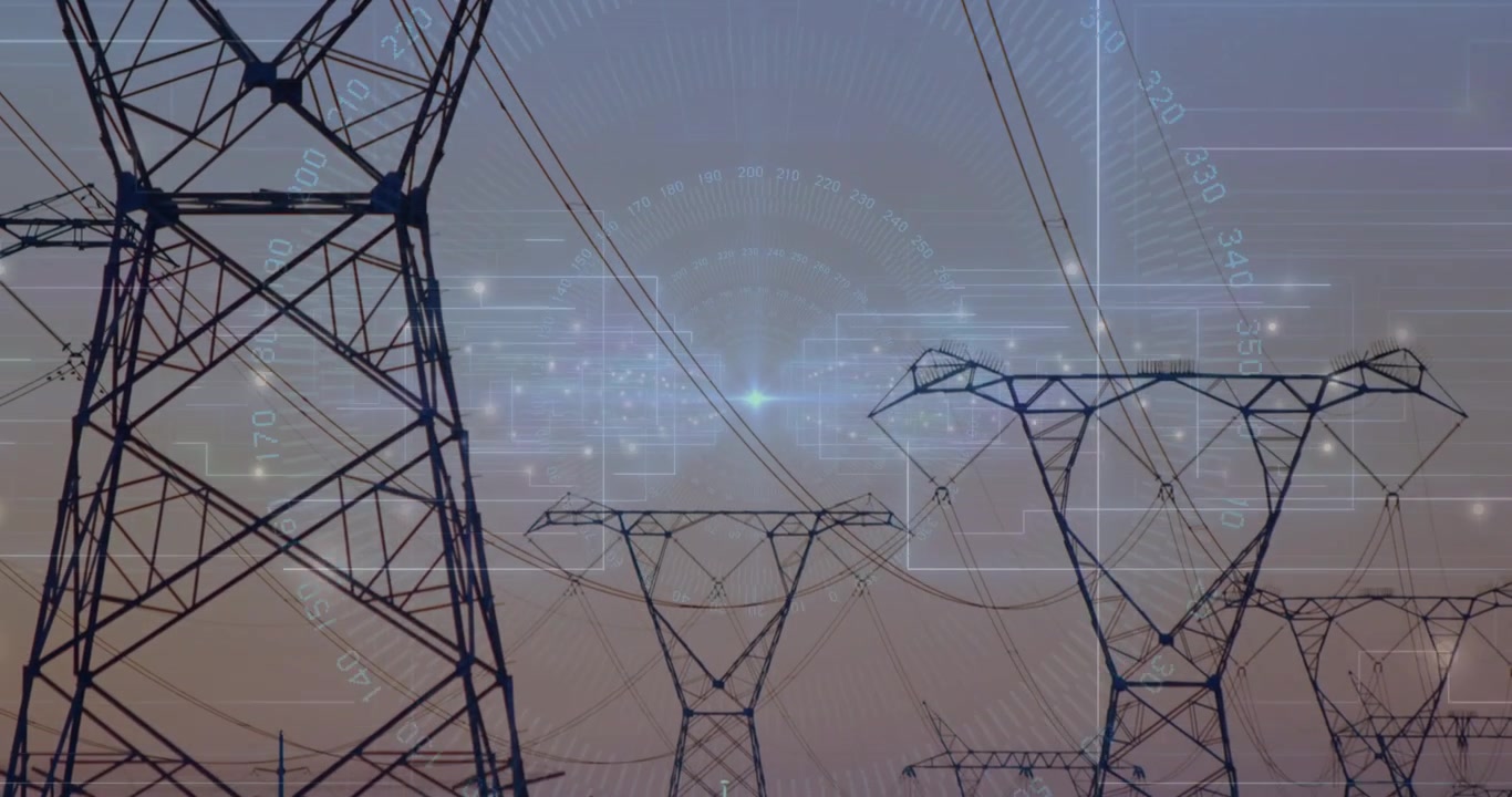 Camera pulling back HUD overlay pulsing, aligning nodes along power lines and towers mapping grid