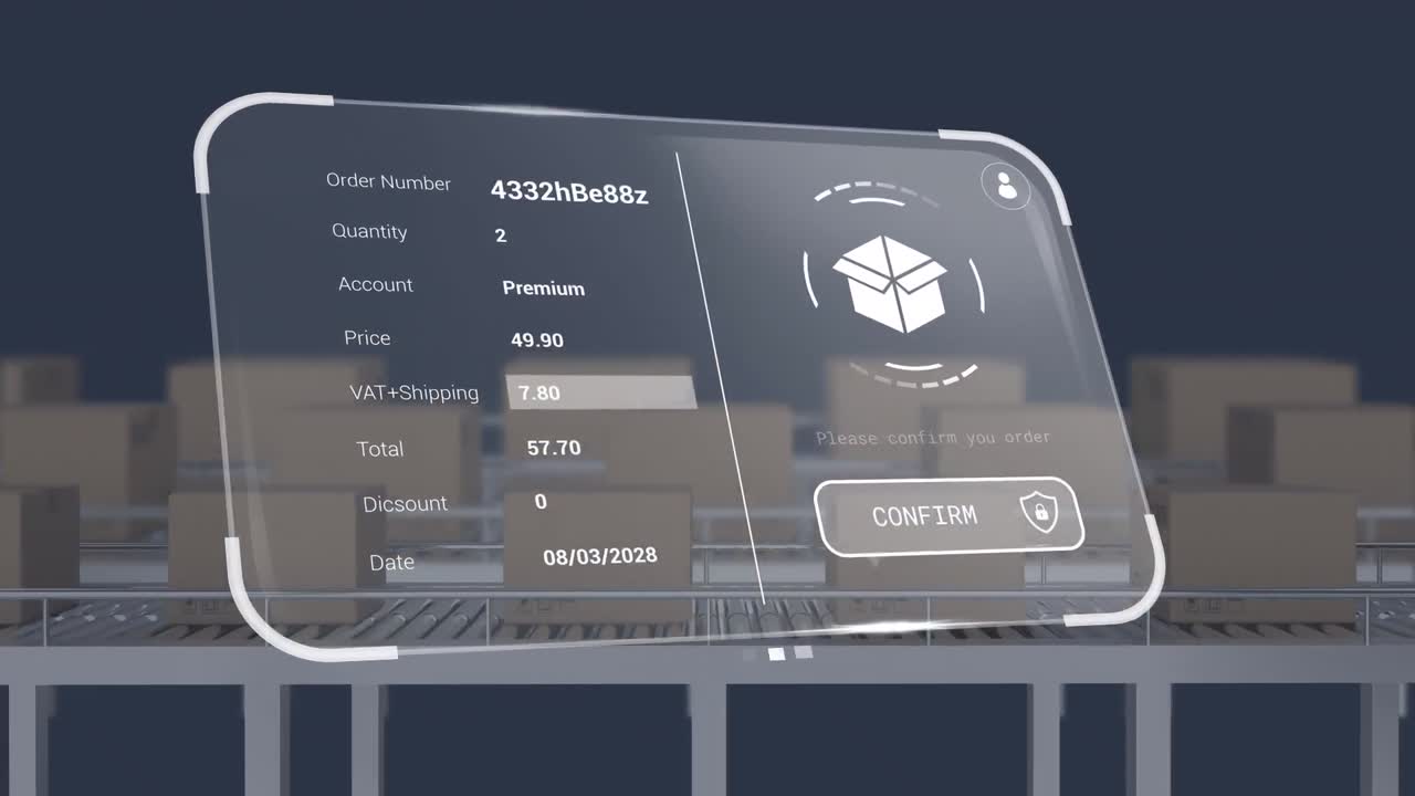 animación de la interfaz digital con iconos y procesamiento de datos sobre cajas en cinta transportadora