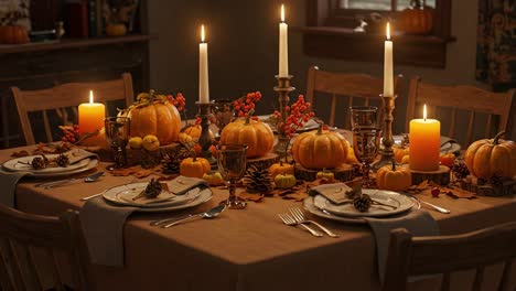 a beautifully decorated thanksgiving or autumn dining table with pumpkins, candles, and fall foliage