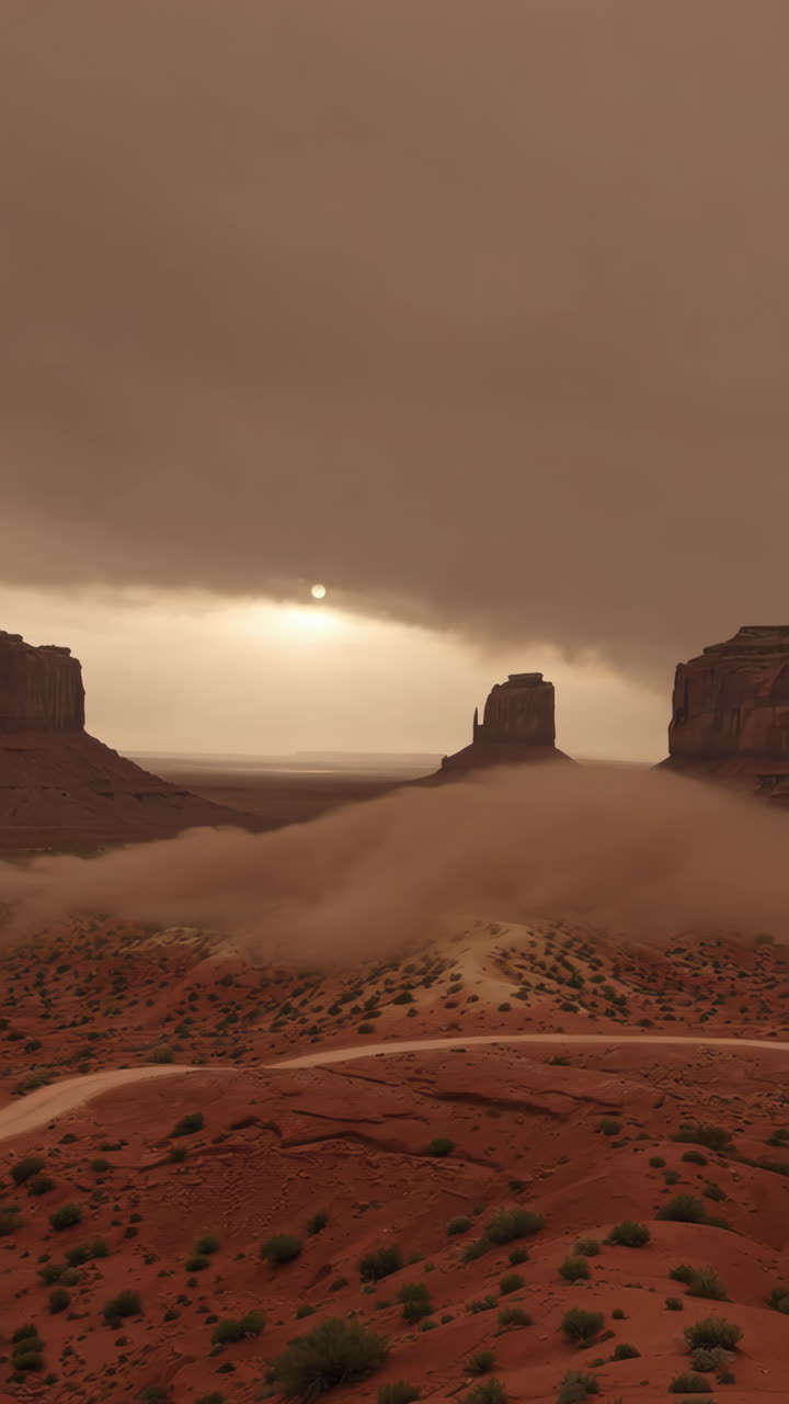 Drammatica tempesta di polvere che avvolge le formazioni rocciose della Monument Valley al tramonto