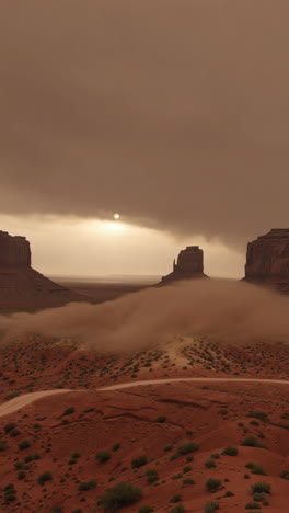 dramatic dust storm blanketing monument valley buttes at sunset