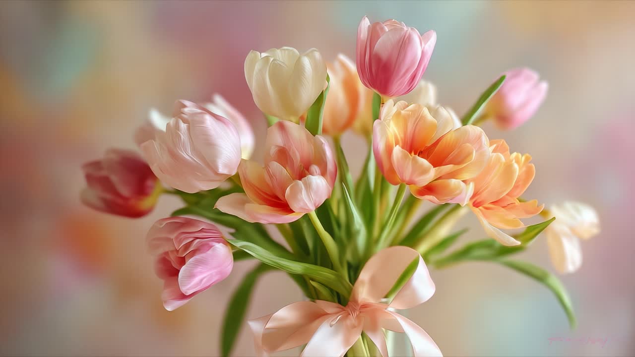 A Beautiful Display of Colorful Tulips in a Delicate Bouquet, Showcasing Their Elegance and Charm Against a Soft, Blurred Background that Highlights Their Graceful Appeal