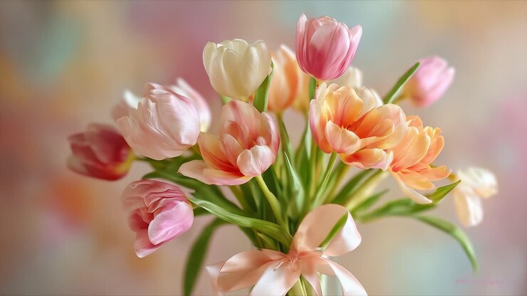 Una splendida esposizione di tulipani colorati in un bouquet delicato, che ne mette in risalto l'eleganza e il fascino su uno sfondo morbido e sfocato che ne evidenzia la grazia