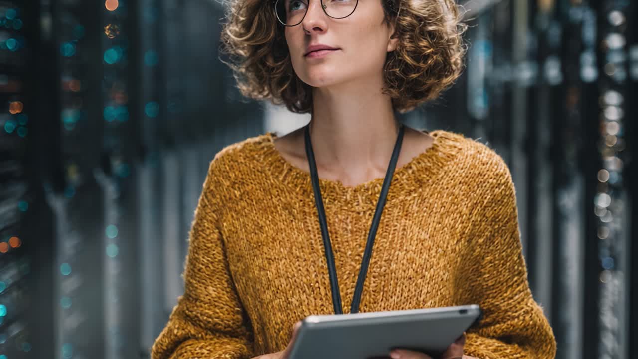 En eftertænksom kvinde i et serverrum: Udforsker teknologi, mens hun holder en tablet, omgivet af datalagringssystemer og kompleks IT-infrastruktur.