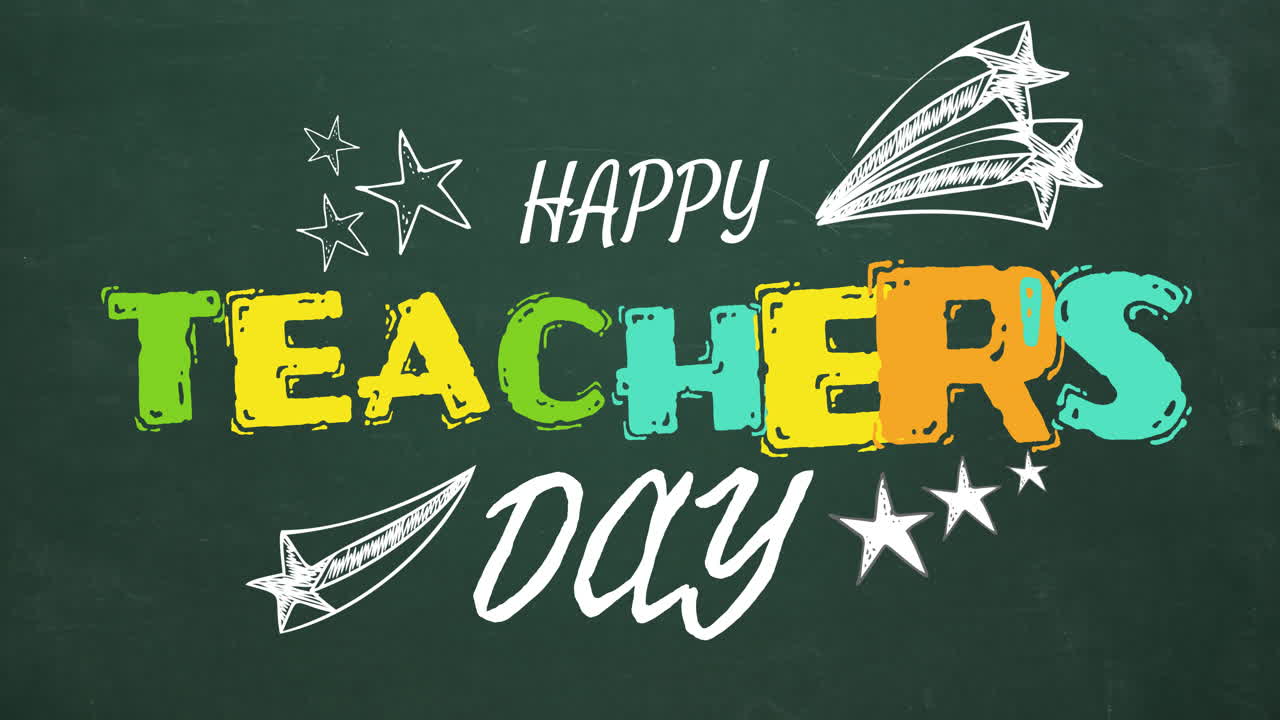 Animation of happy teachers day text and stars on green background