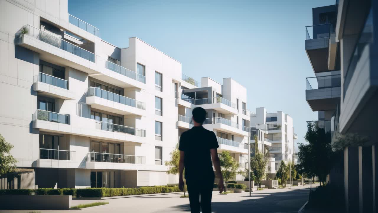 Una escena urbana moderna con un ángulo de cámara bajo de elegantes edificios de apartamentos