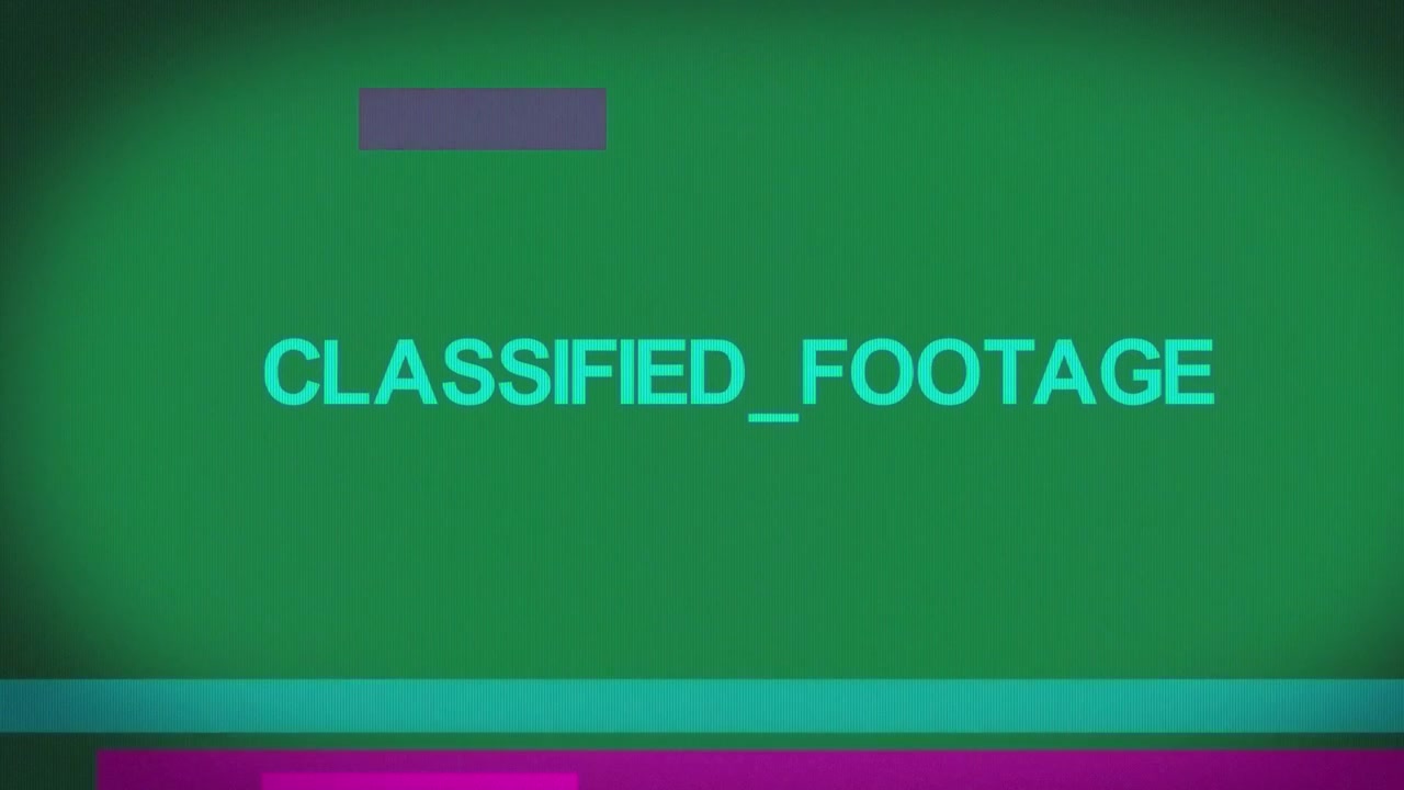 CLASSIFIED_FOOTAGE appearing cyan bar shifting magenta blocks sweeping revealing on transparent bg
