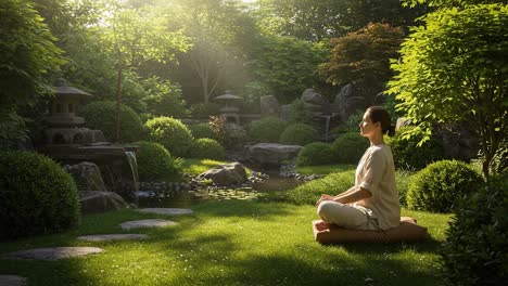 tranquil meditation in a serene garden: experience peace and harmony amidst nature's splendor as a person reflects in a breathtaking green landscape
