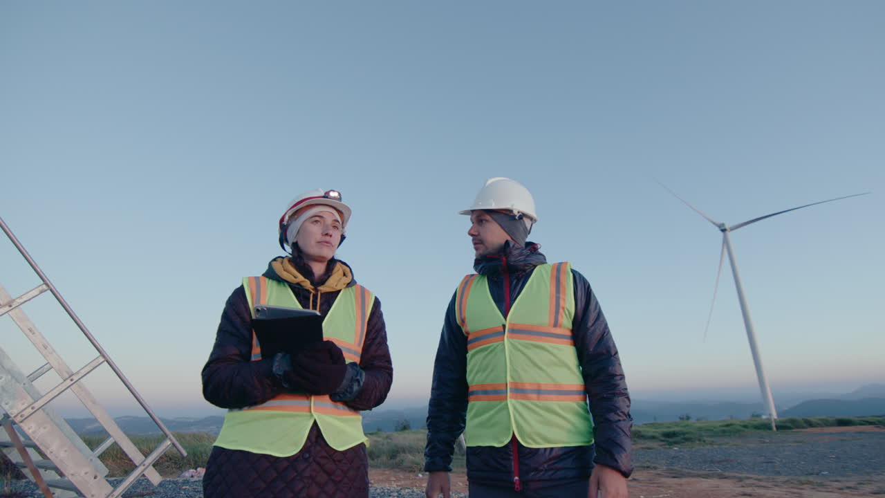 Wind Farm Workers Using Tablet during Inspection