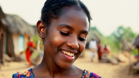 smiling brightly, a young african girl radiates joy in a rural village, capturing the essence of childhood and culture