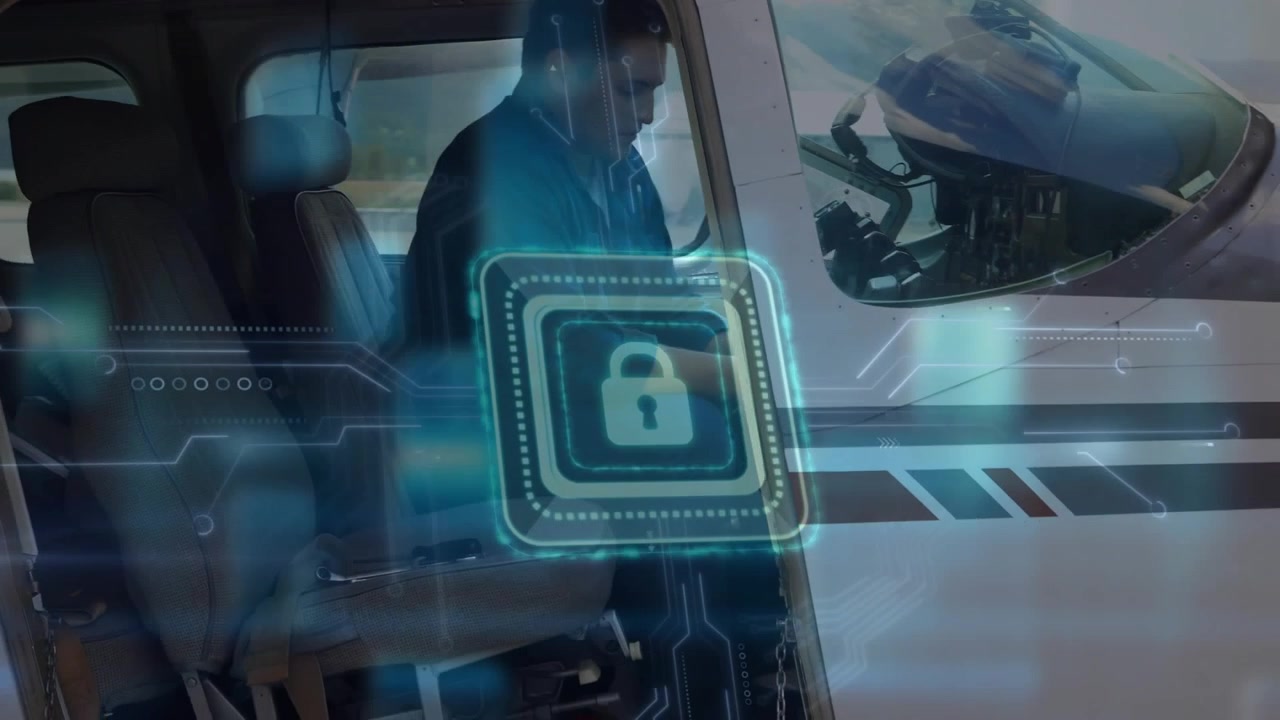 Animation of padlock, connections and data processing over man in car