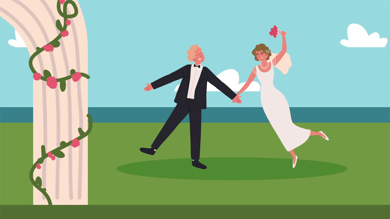 행복 한 부부 가 결혼식 을 축하 하고 있다