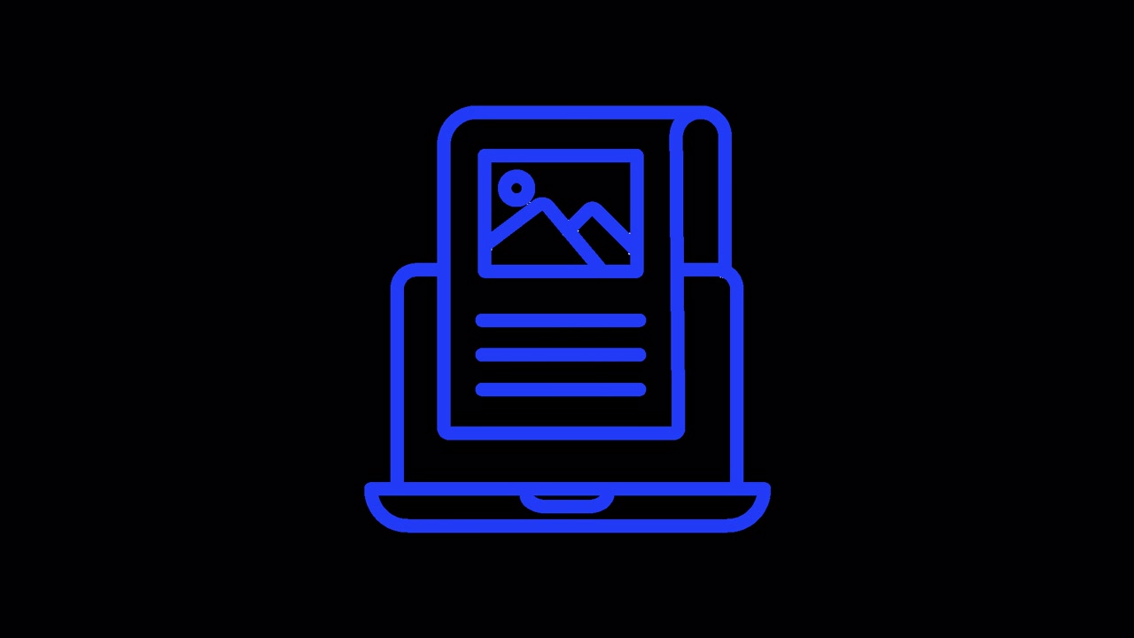 Animated Blue Line Icon of Laptop with Scrolling Document