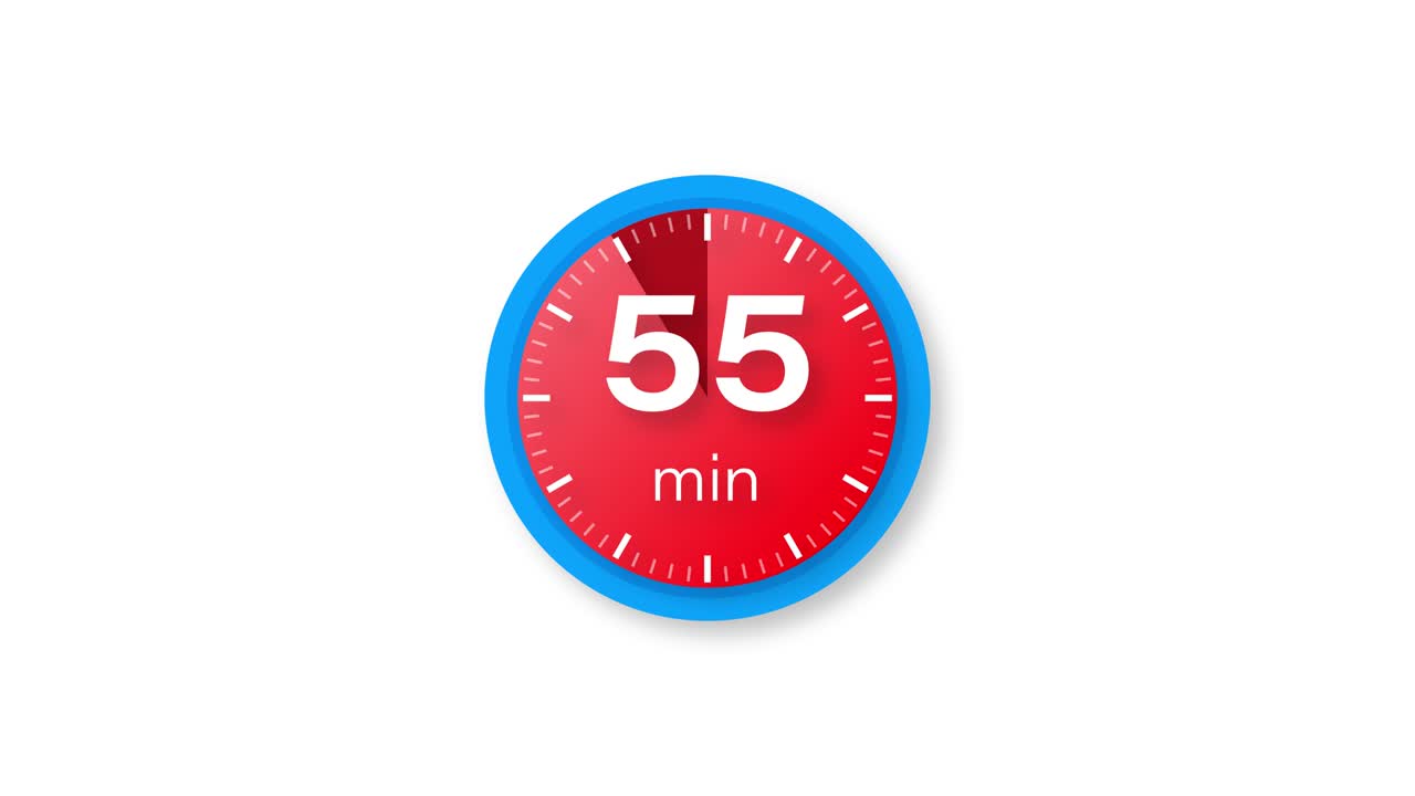 The 55 minutes timer. Stopwatch icon in flat style. Motion graphics.
