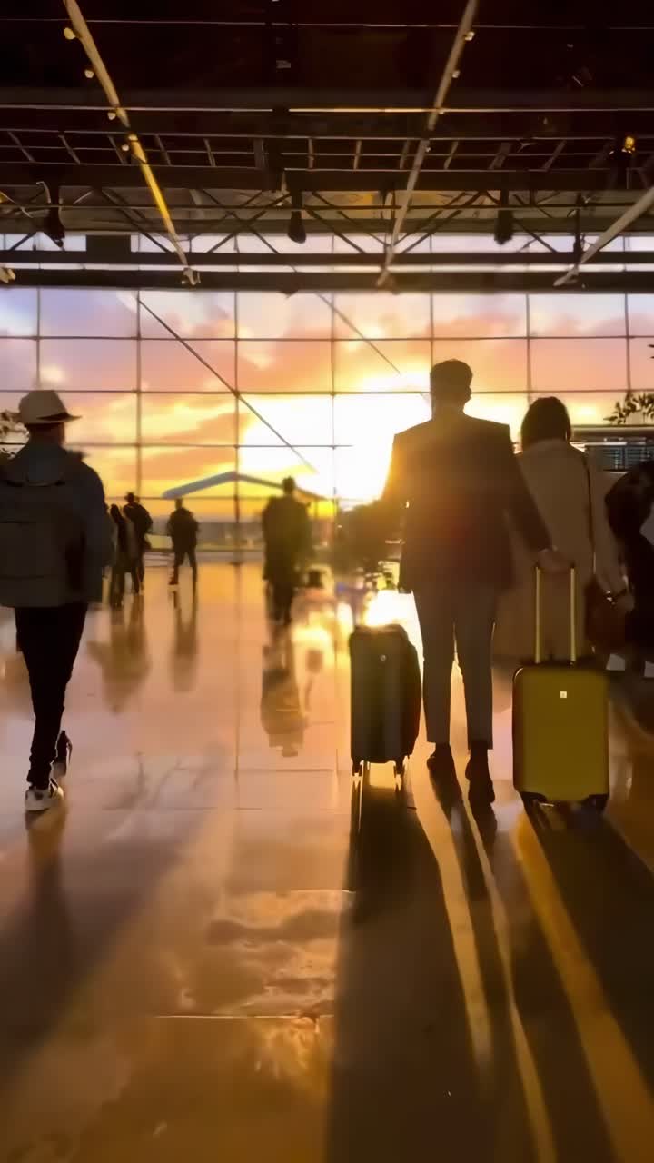 Siluetas de viajeros con equipaje en la terminal del aeropuerto al atardecer