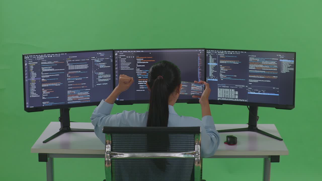 Back View Of Happy Asian Woman Developer Looking At Code On Mobile Phone While Write Code With Multiple Computer Screens In Green Screen Studio