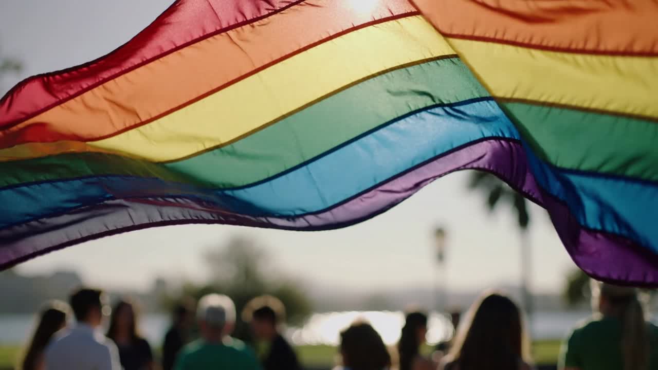 Rippling rainbow pride flag waving at bay park, wind and people holding fabric during gathering