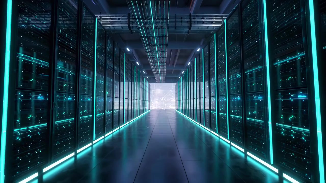 Futuristic Data Center Corridor with Glowing Server Racks