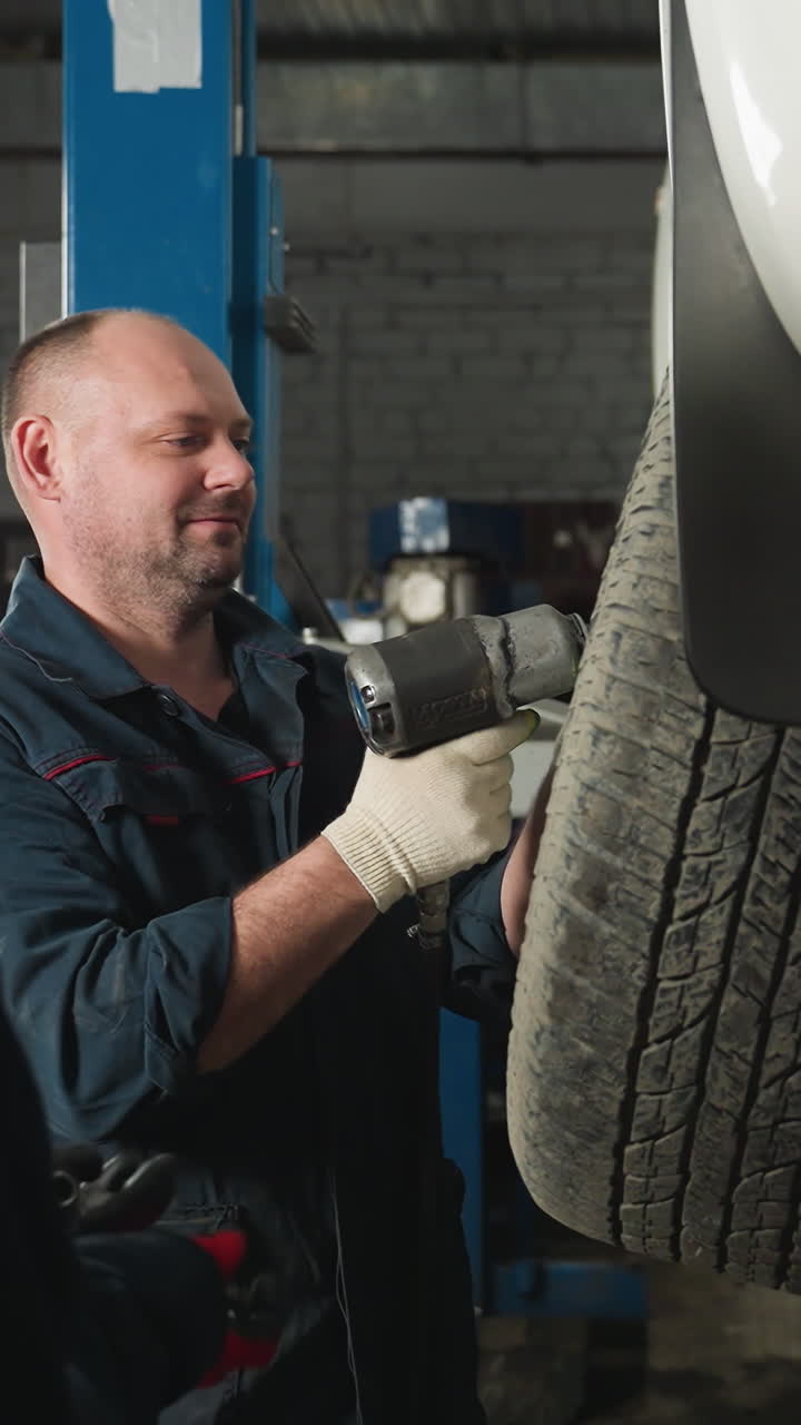 mecánico trabaja bajo el coche usando una llave mientras un colega sostiene la luz para ayuda, dos técnicos de laboratorio en el fondo, uno se vuelve para observar el trabajo que se hace en el taller mecánico