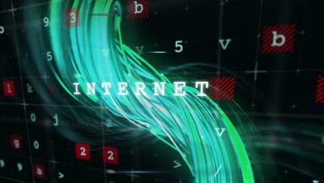 animación de texto de internet sobre líneas verdes giratorias y símbolos de datos rojos