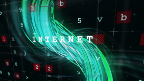 internet text animation over swirling green lines and red data symbols