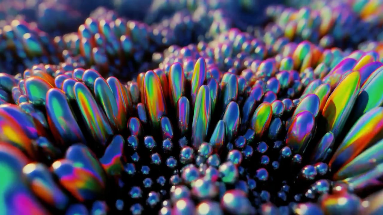 Abstraktní 3D animace irizujících kovových koulí a hrotů