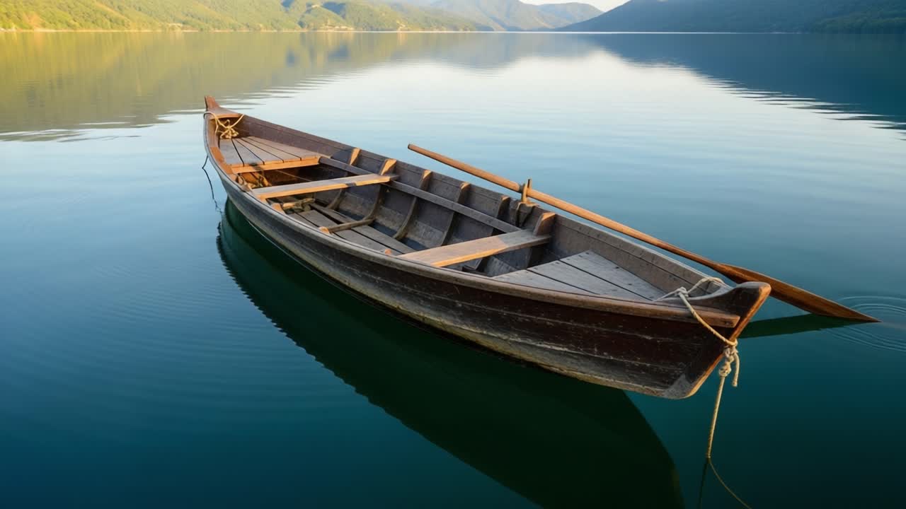 A Serene Wooden Boat Floating Calmly on the Glassy Surface of a Tranquil Lake Surrounded by Lush Mountains and Reflective Waters