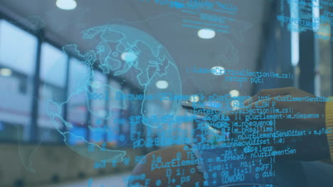 animation of data processing and globe over biracial woman using smartphone