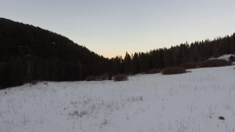 Drone-lowers-revealing-snowy-foreground-in-an-open-field-surrounded-by-mountains