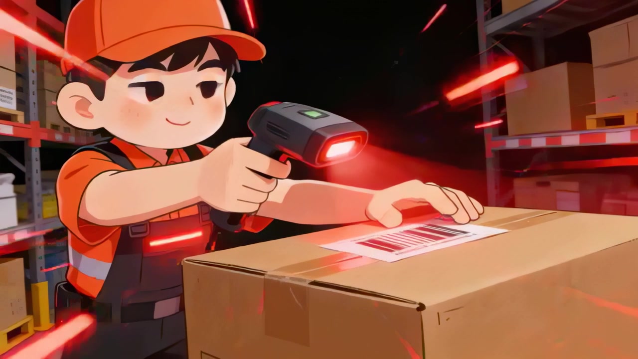 Scanning worker at packing station wearing hi-vis vest and cap, aiming scanner at box for shipping