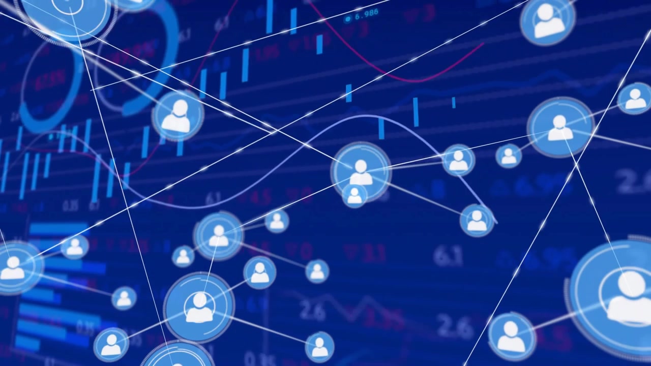 Animation of financial data processing over network of connections with icons