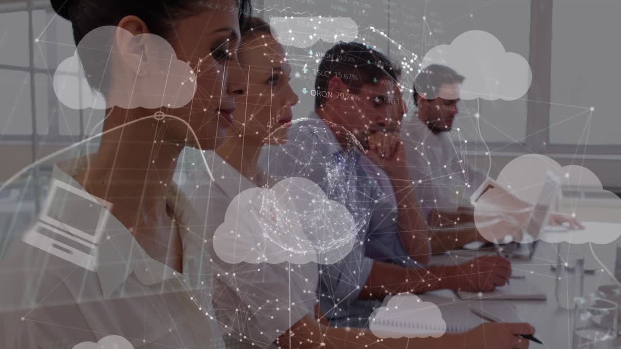 Animation of globe with digital clouds and data processing over diverse business people
