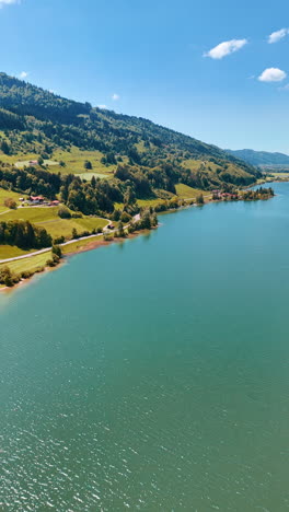 Lake in the mountains covered with green forests. Village is scattered on the banks of the picturesque waterscape. Top view. Vertical video.
