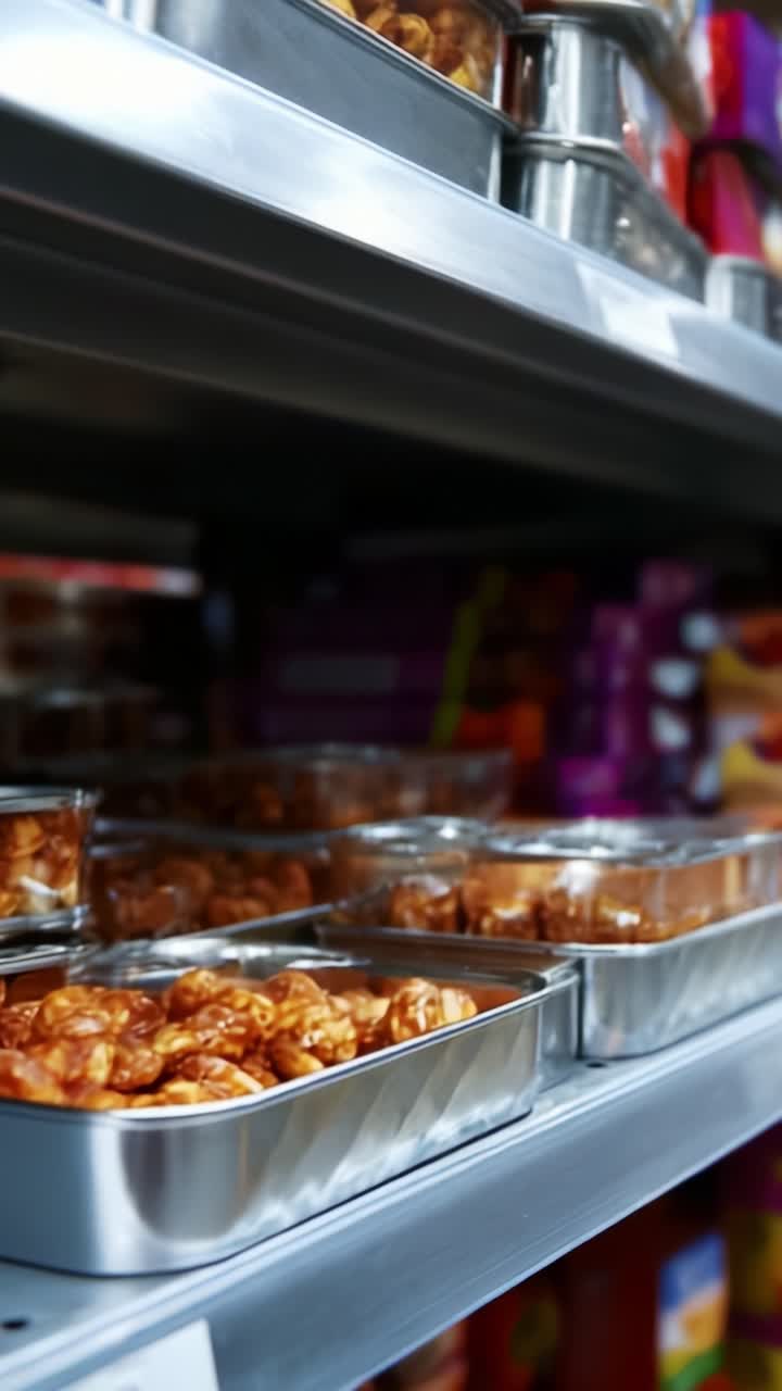 Primer plano de snacks expuestos en envases metálicos en la estantería de un supermercado, que muestra diversos dulces para que los compradores elijan.